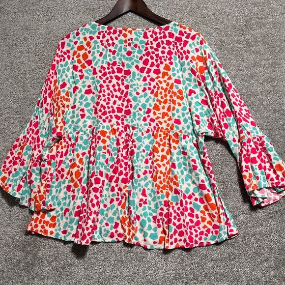 Emily Wonder Woman’s Multi Color Babydoll Top Blouse 3/4 Ruffle Sleeve Size L - Picture 7 of 8